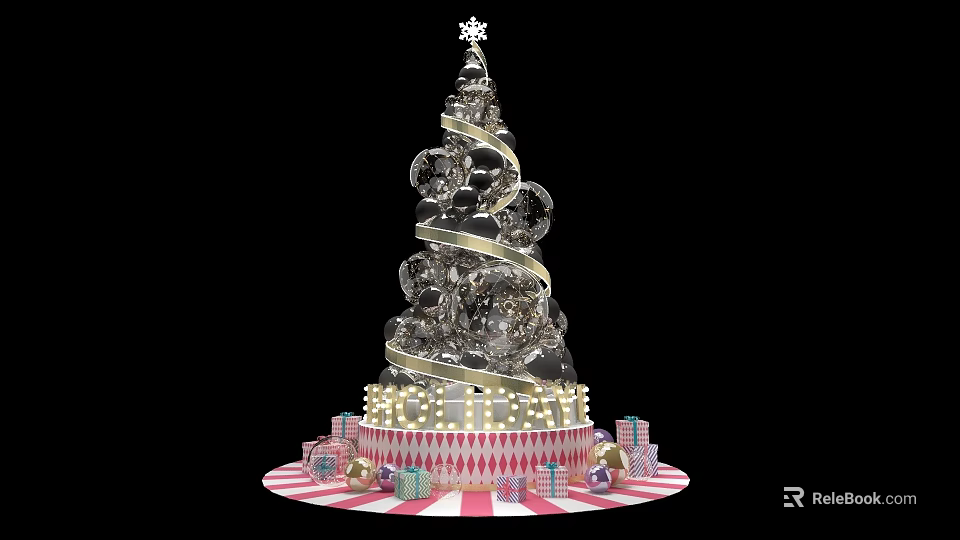 Silver Spiral Christmas Tree Photo Spot With Gift Boxes And Red White Striped Base 3d model 