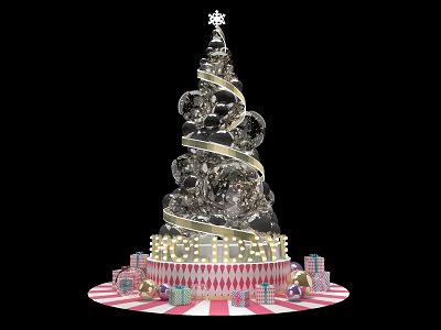 Silver Spiral Christmas Tree Photo Spot With Gift Boxes And Red White Striped Base 3d model