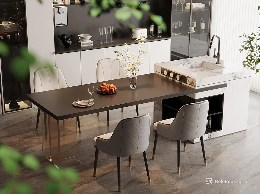 Modern Black Dining Table Set with Gray Chairs Fruit Vase and Wine Glasses 3d model 