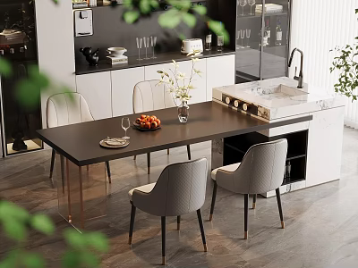 Modern Black Dining Table Set with Gray Chairs Fruit Vase and Wine Glasses 3d model
