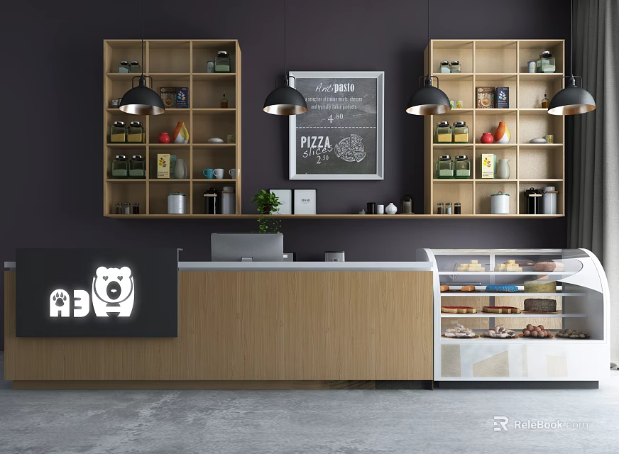 Modern Reception Desk With Wooden Shelves Blackboard Pizza Sign Computer And Glass Display Case 3d model 