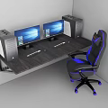 Dark Wooden Office Desk With Dual Monitors PC Towers And Black Blue Gaming Chair