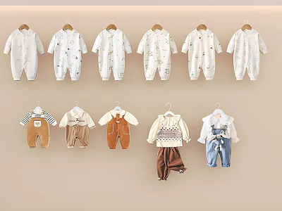 Baby Clothes With Various Styles Hanging On Hangers Including Onesies Overalls And Sweaters 3d model