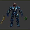 Blue Mech Warrior Character In Combat Armor With Gun And Equipment