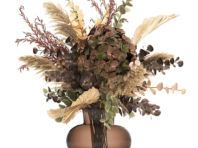 Natural Dried Flower Arrangement In Brown Vase With Green Leaves And Decorative Grasses 3d model
