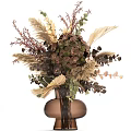 Natural Dried Flower Arrangement In Brown Vase With Green Leaves And Decorative Grasses