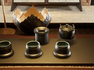 Elegant Console Table With Black Ceramic Teapot Cups Decorative Bowl And Containers On Textured Floor 3d model