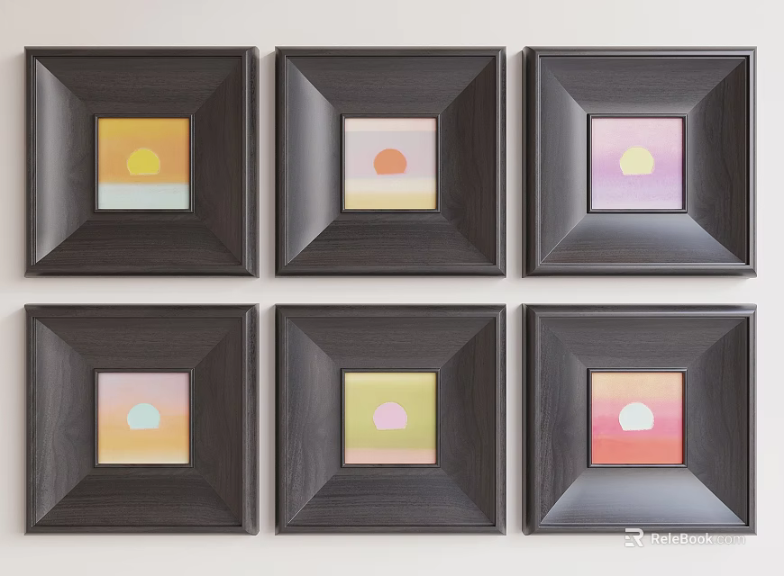 Six Black Framed Abstract Paintings With Various Colored Circles And Light Bars 3d model 
