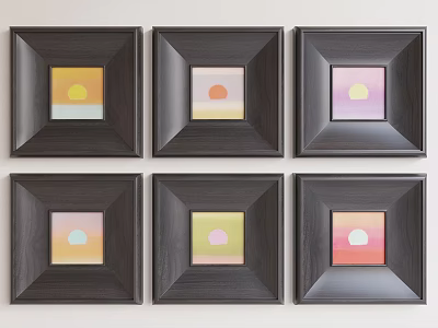 Six Black Framed Abstract Paintings With Various Colored Circles And Light Bars 3d model
