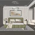 Elegant Bedroom Featuring Green Upholstered Bed Framed Painting Chandelier White Armchair And Wooden Floor