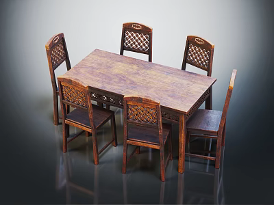 Dining Table Set with Rectangular Wooden Table and Six Carved Chairs 3d model