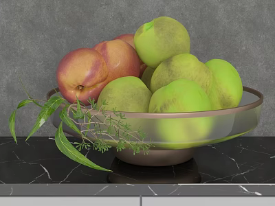 Decorative Ornament Set Featuring Clear Bowl Holding Green Red Peaches and Leaves on Black Marble 3d model