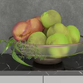 Decorative Ornament Set Featuring Clear Bowl Holding Green Red Peaches and Leaves on Black Marble