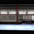 Industrial Interior With Red Trusses High Ceiling Roll Up Door Windows Blue Floor And Staircase