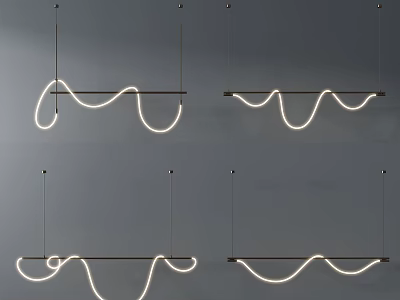 Modern Curved LED Chandeliers with Hanging Metal Frame and Warm Glow 3d model