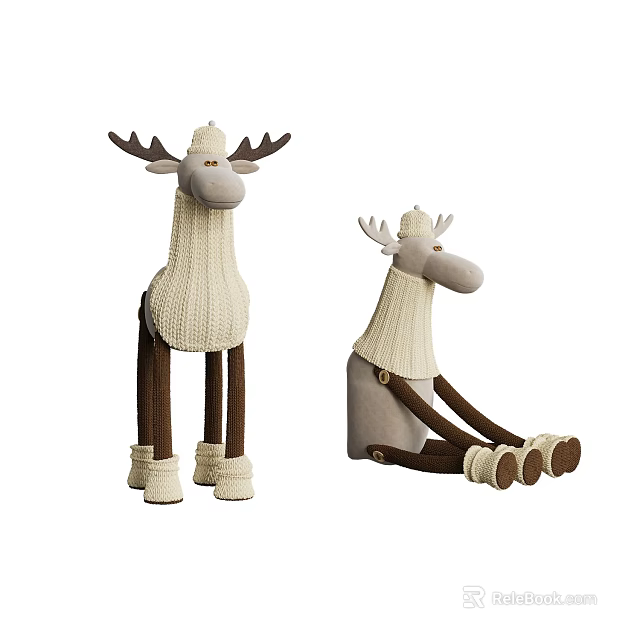 Cute Reindeer Plush Toys Standing And Sitting With Knitted Sweaters And Brown Legs 3d model 