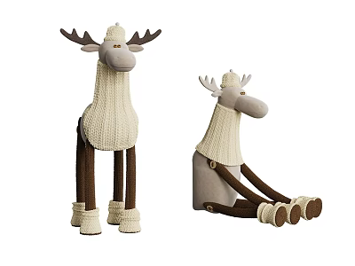 Cute Reindeer Plush Toys Standing And Sitting With Knitted Sweaters And Brown Legs 3d model