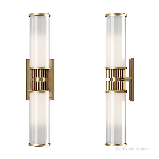 Modern Sleek Wall Lamps With White Glass Cylinder And Gold Metal Base 3d model 