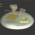Natural Garden Landscape With Green Grass Small Trees Plaid Mat Stone Circle And Log Bench