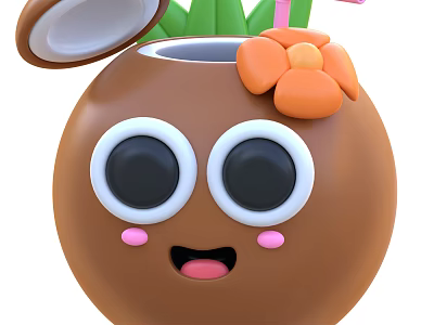 Cute Cartoon Coconut Fruit With Smiling Face Green Leaves And Orange Flower 3d model