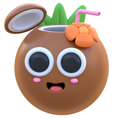 Cute Cartoon Coconut Fruit With Smiling Face Green Leaves And Orange Flower 3d model
