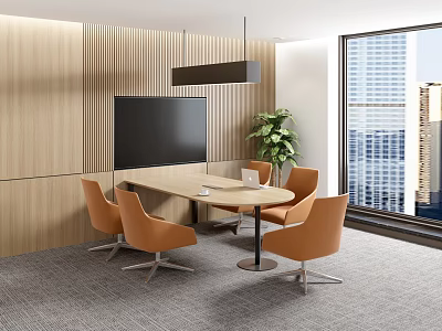 Modern Conference Room With Wooden Wall Oval Table Orange Chairs Green Plant And City View 3d model