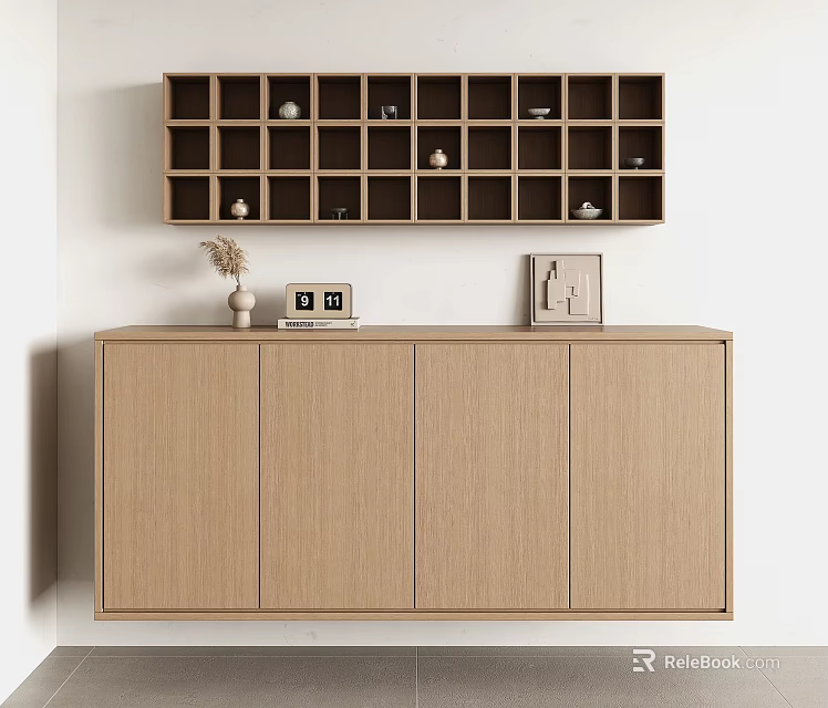 Modern Wooden Entryway Cabinet And Side Cabinet With Upper Grid Shelf Decorative Vase Photo Frames 3d model 