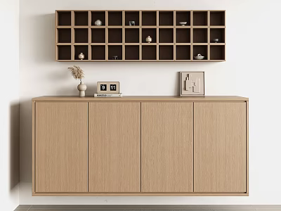 Modern Wooden Entryway Cabinet And Side Cabinet With Upper Grid Shelf Decorative Vase Photo Frames 3d model