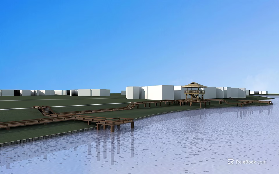 Road Facilities Featuring Wooden Walkway Along Water Surface With White Buildings Under Blue Sky 3d model 