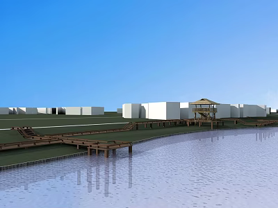 Road Facilities Featuring Wooden Walkway Along Water Surface With White Buildings Under Blue Sky 3d model
