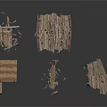 Multiple Dilapidated Wooden Building Ruins With Broken Roofs And Weathered Logs