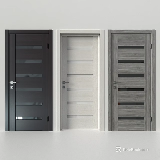 Modern Swing Doors In Black White Gray With Glass Panels And Wooden Texture 3d model 