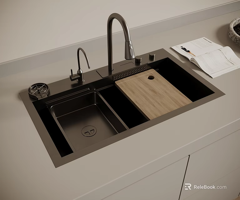 Black Kitchen Sink With Faucet And Wooden Cutting Board On Countertop 3d model 