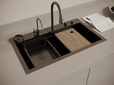 Black Kitchen Sink With Faucet And Wooden Cutting Board On Countertop 3d model