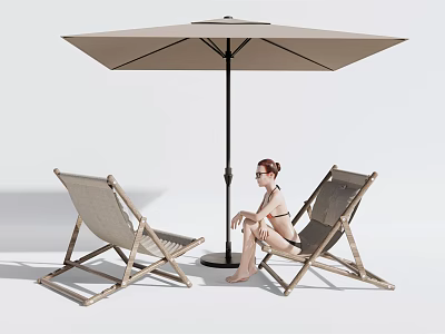 Outdoor Wooden Lounge Chairs With Beige Fabric And Large Sun Umbrella For Relaxation 3d model