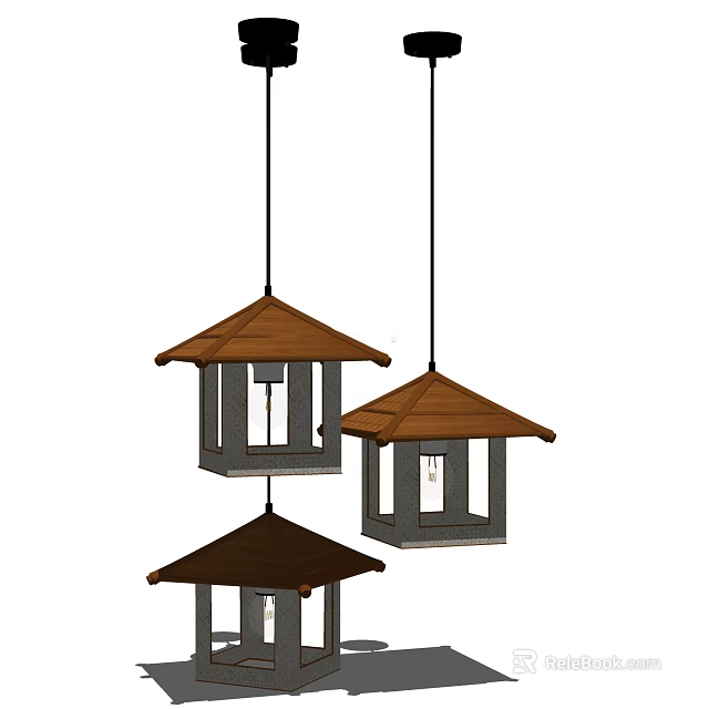 Brown Roof Shaped Wooden Pendant Lights With Gray Frame And Bulbs 3d model 