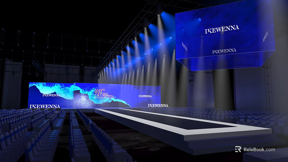 Fashion Stage With Blue Background Screens FENGWENA Branding Spotlights And Audience Seats 3d model 