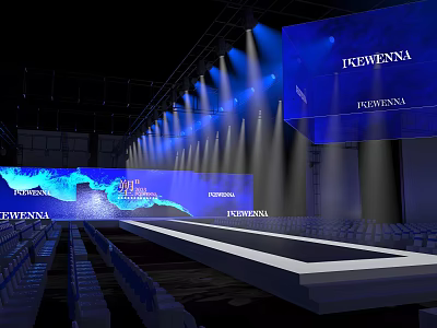 Fashion Stage With Blue Background Screens FENGWENA Branding Spotlights And Audience Seats 3d model