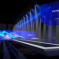 Fashion Stage With Blue Background Screens FENGWENA Branding Spotlights And Audience Seats