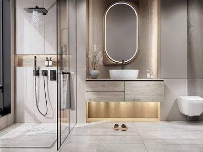 Modern Bathroom Interior With Glass Shower Oval Backlit Mirror And Wooden Accent Wall 3d model