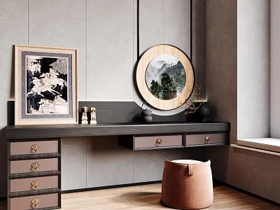 Modern Dressing Table With Round Wooden Frame Mirror Storage Drawers Brown Stool And Decorative Painting 3d model