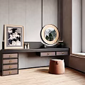 Modern Dressing Table With Round Wooden Frame Mirror Storage Drawers Brown Stool And Decorative Painting