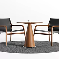 Contemporary Round Wooden Table and Chair Set With Black Leather Seats And Gray Rug