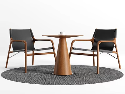 Contemporary Round Wooden Table and Chair Set With Black Leather Seats And Gray Rug 3d model
