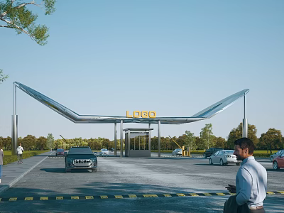 Modern LIDO Entrance Gate With Curved Metal Canopy Cars And Surrounding Trees 3d model