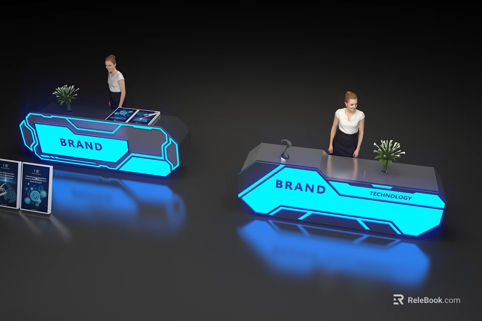 Brand Check In Desk With Blue Lighting And Staff For Technology Sign In 3d model 