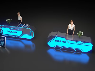 Brand Check In Desk With Blue Lighting And Staff For Technology Sign In 3d model
