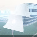 Modern Office Building with Irregular Glass Curtain Wall Design Surrounded by Lawn and Greenery