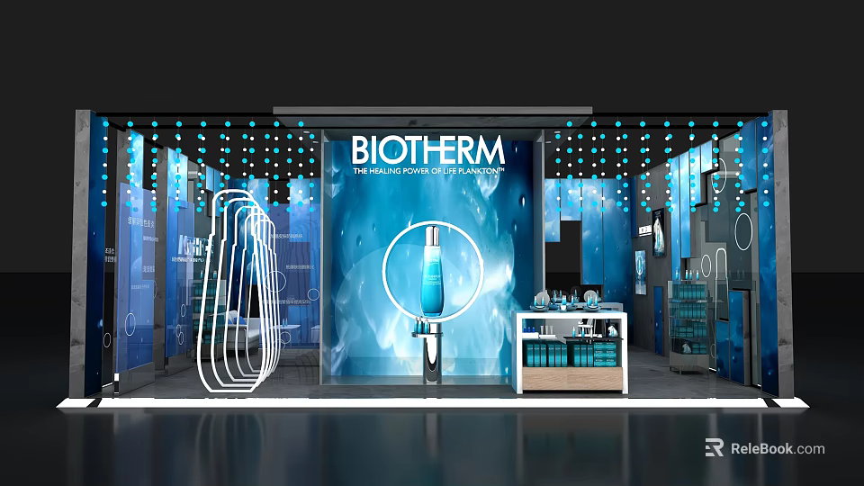 BIOTHERM Store Display Featuring Blue Background Large Bottle And Product Shelves 3d model 