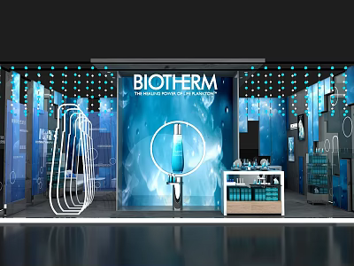 BIOTHERM Store Display Featuring Blue Background Large Bottle And Product Shelves 3d model